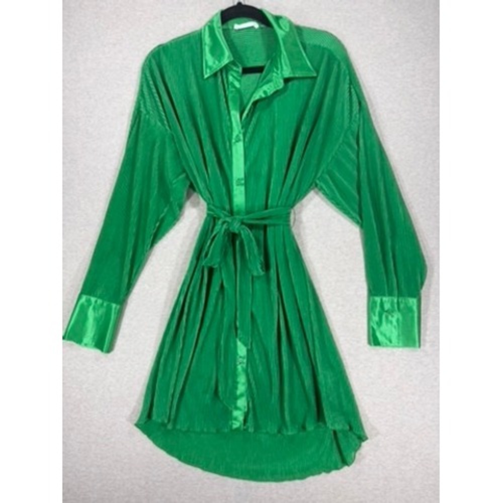 12th Tribe Pleated Mini Dress Womens Small Green Good Button Down Waist Tie